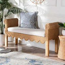 Load image into Gallery viewer, Reiko Handcrafted Natural Rattan Bench with Scalloped Design - Boho Farmhouse Seating for Entryway, Bedroom, or Living Room