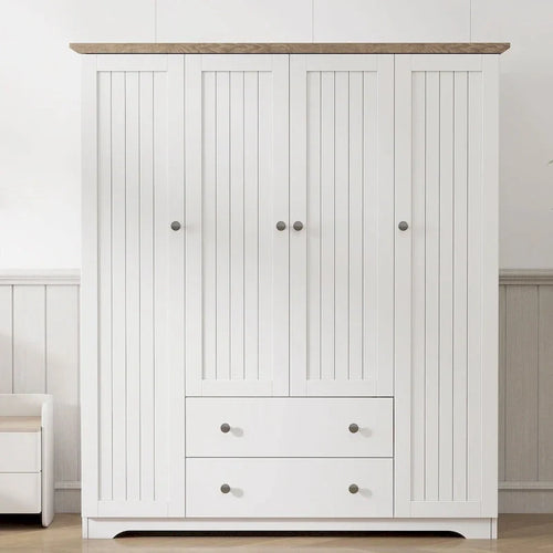 Freestanding 4 - Door Wardrobe Armoire with 2 Drawers and Hanging Rods for Clothes Storage