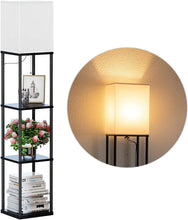 Load image into Gallery viewer, Modern Iron Shelf Floor Lamp with 3 Way Dimmable LED Bulb, Shelves and White Shade for Living Room and Bedroom(Black)