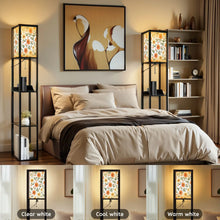 Load image into Gallery viewer, Floor Lamp with Shelves, Modern Dimmable Standing Lamp Floral Corner Display Bookshelf Lamp with 2 USB &amp; 1 Power Outlet for Living Room &amp; Bedroom