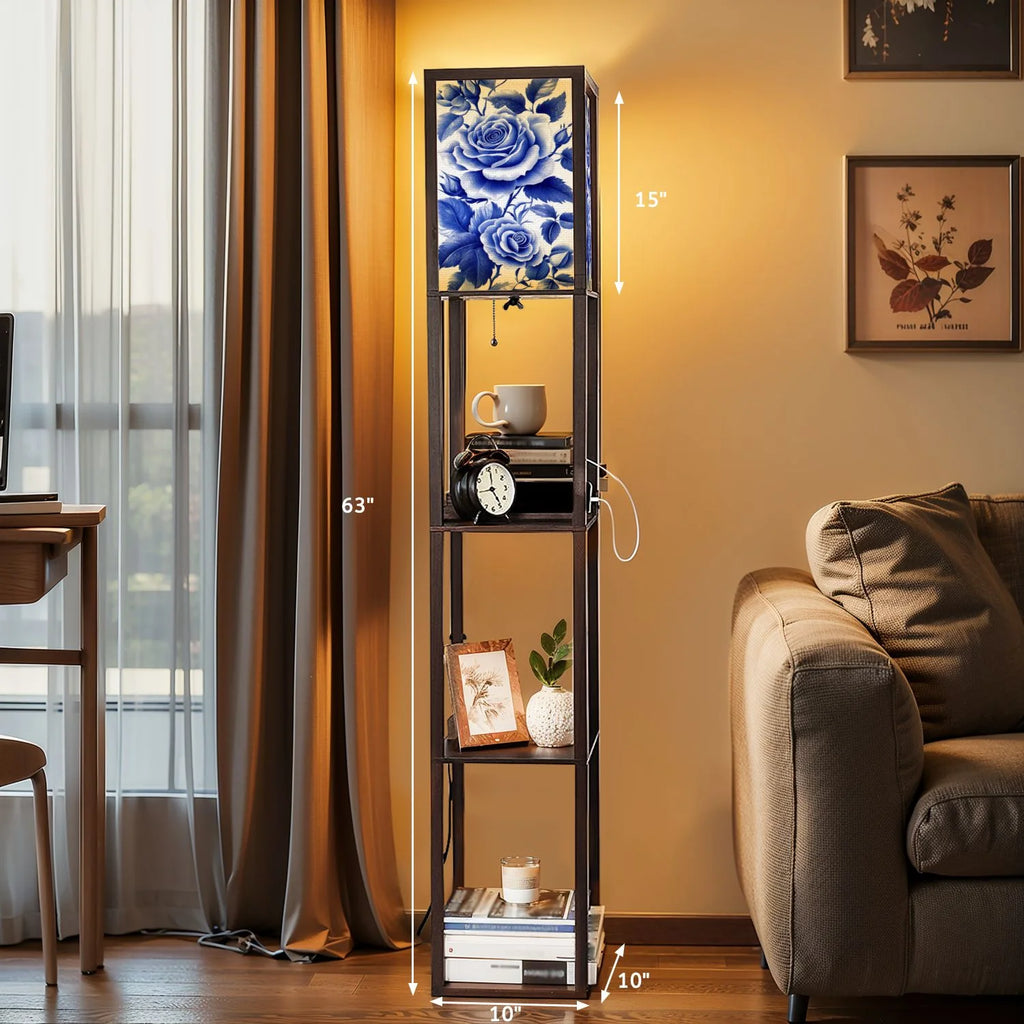 Floor Lamp with Shelves, Modern Dimmable Standing Lamp Floral Corner Display Bookshelf Lamp with 2 USB & 1 Power Outlet for Living Room & Bedroom
