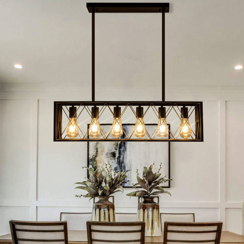 Pretoy Kitchen Island Pendant Lighting 6-Light Black Metal Industrial Bar Chandelier Fixtures Vintage Hanging Farmhouse Rectangle Linear Chandelier