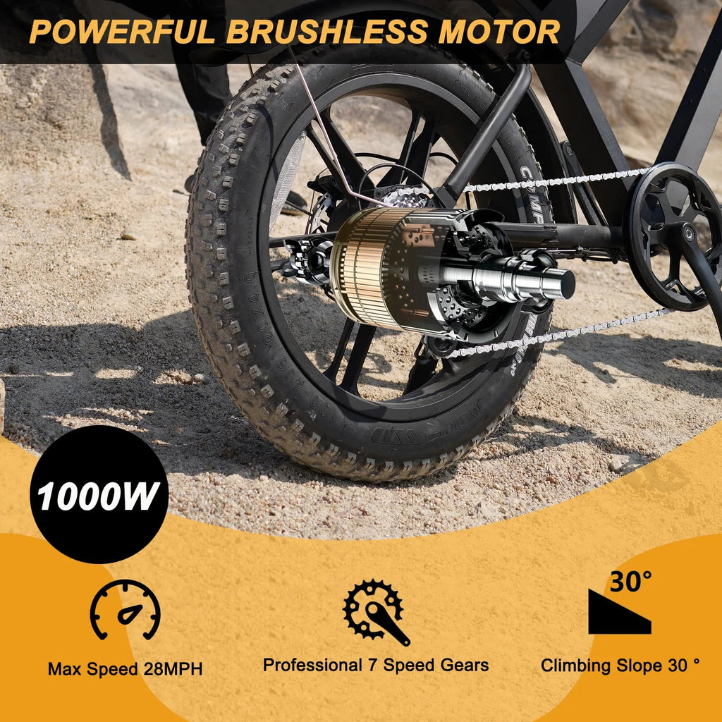 Movcan V30 Electric Bike for Adult, 1000W 20" Fat Tire 48V 15.6AH Removable Battery, 28MPH 7-Speed Disc Brake Off - Road Mountain Ebike UL2849