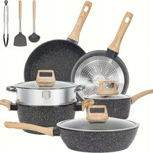 Load image into Gallery viewer, Non - Stick 12 POTS and Pans Set, Cookware Set, Including Frying Pan, Steamer, Silicone Spatula and Tongs - Granite Cooking Set (Black)