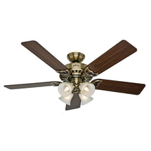 Load image into Gallery viewer, Hunter Studio Series 52" Ceiling Fan with 4-Light Kit - Antique Brass - Walnut/Medium Oak Blades