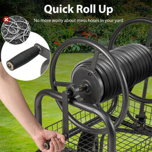 Load image into Gallery viewer, Portable Garden Hose Reel Cart Holds 300FT of 5/8" Large Capacity, Heavy - Duty Metal Hose Cart with 4 Wheels &amp; Storage Basket for Lawn Yard