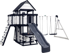 Load image into Gallery viewer, Backyard Discovery Canyon Creek Cedar Wood Swing Set with Wave Slide, Clubhouse, Play Kitchen, Picnic Area, Swings and Rock Wall