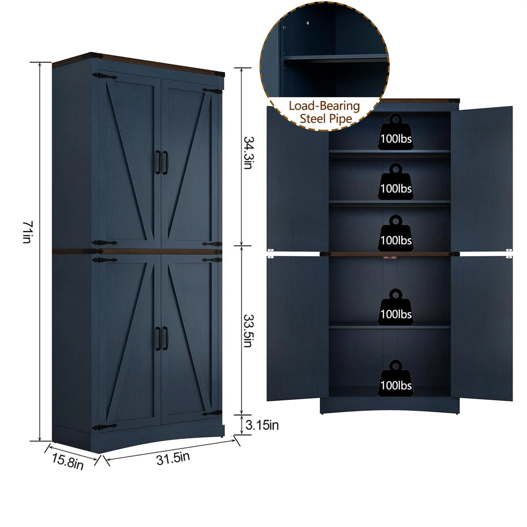 71" Tall Farmhouse Kitchen Pantry Cabinet, 5 Layers Storage Cabinet with Adjustable Shelves, Farmhouse Pantry Cabinet with 4 Barn Doors