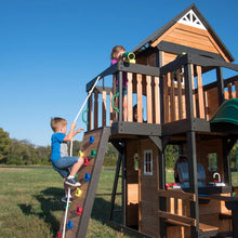 Load image into Gallery viewer, Backyard Discovery Canyon Creek Cedar Wood Swing Set with Wave Slide, Clubhouse, Play Kitchen, Picnic Area, Swings and Rock Wall