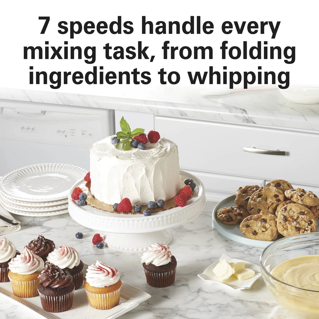 Hamilton Beach 4 Quart Stand Mixer for Kitchen, 7 Speeds, Tilt - Head, Dough Hook, Whisk & Flat Beater, White