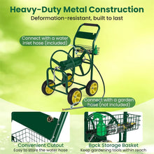 Load image into Gallery viewer, Heavy Duty Metal Garden Hose Reel Cart Holds 300FT of 5/8" Hose with 4 Wheels &amp; Storage Basket, Portable Water Hose Organizer for Yard Lawn