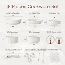 Load image into Gallery viewer, Carote 18 Pcs Ceramic Nonstick Cookware Set, Pots and Pans Set with Detachable Handles, Oven/Dishwasher Safe, Stackable Kitchen Cooking Set, White