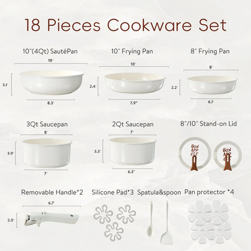 Carote 18 Pcs Ceramic Nonstick Cookware Set, Pots and Pans Set with Detachable Handles, Oven/Dishwasher Safe, Stackable Kitchen Cooking Set, White