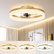 Load image into Gallery viewer, VOLISUN Low Profile Ceiling Fans with Lights and Remote, 19.7in Fandelier Ceiling Fan Flush Mount, 3000K - 6500K Smart Bladeless LED Fan Light, Gold