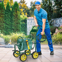 Load image into Gallery viewer, Heavy Duty Metal Garden Hose Reel Cart Holds 300FT of 5/8" Hose with 4 Wheels &amp; Storage Basket, Portable Water Hose Organizer for Yard Lawn
