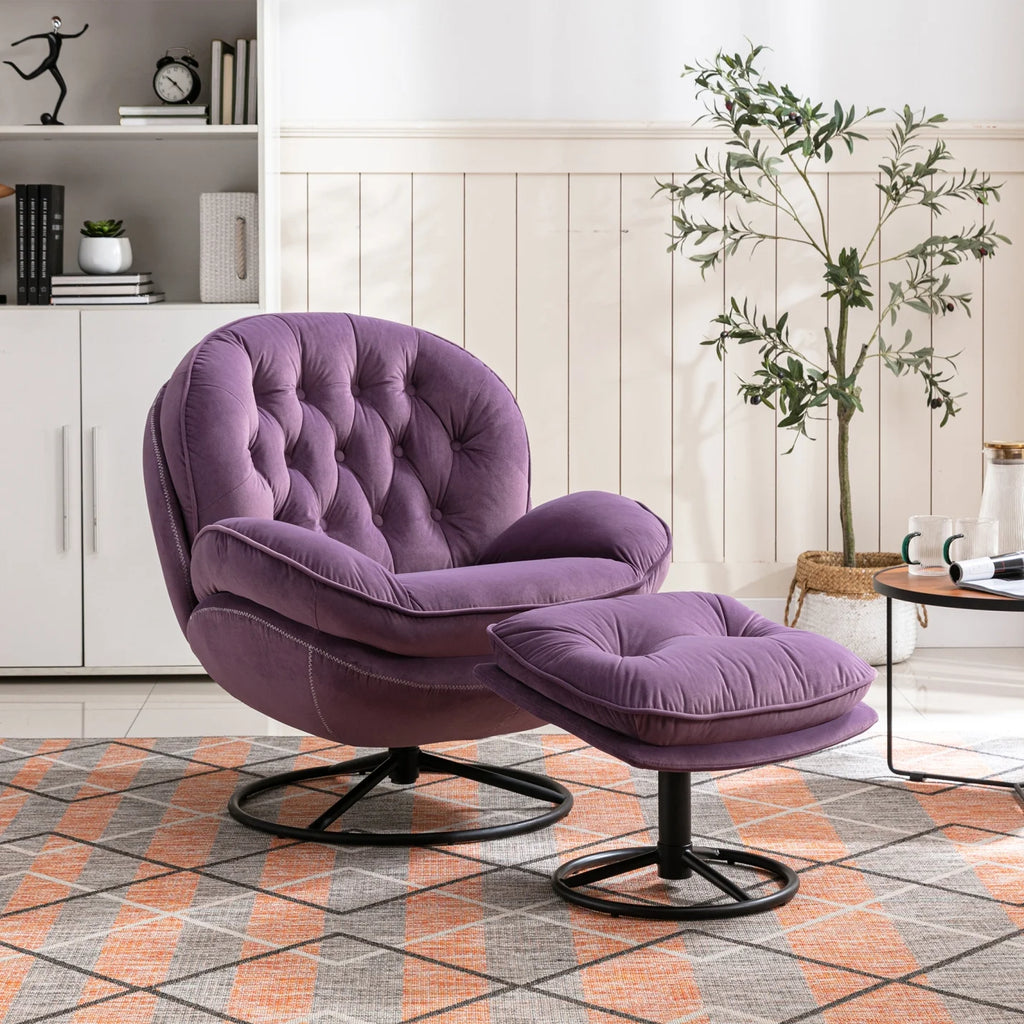 Velvet Swivel Accent Chair with Ottoman, Modern Chaise Lounge Chair with Metal Frame and Footstool, Comfy Armchair Reading Chair