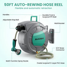 Load image into Gallery viewer, AUOSHI Retractable Garden Hose Reel 1/2" 100ft Automatic Hose Reel with 10 Function Sprayer Nozzle Wall Mount 180 Deg Swivel Bracket Hose Reel