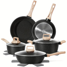 Load image into Gallery viewer, Non - Stick 12 POTS and Pans Set, Cookware Set, Including Frying Pan, Steamer, Silicone Spatula and Tongs - Granite Cooking Set (Black)