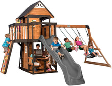 Load image into Gallery viewer, Backyard Discovery Canyon Creek Cedar Wood Swing Set with Wave Slide, Clubhouse, Play Kitchen, Picnic Area, Swings and Rock Wall