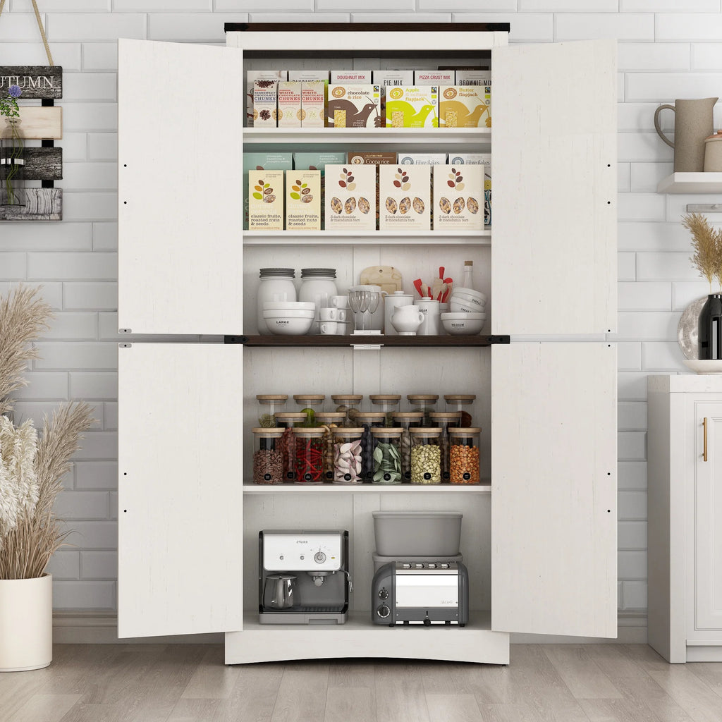 71" Tall Farmhouse Kitchen Pantry Cabinet, 5 Layers Storage Cabinet with Adjustable Shelves, Farmhouse Pantry Cabinet with 4 Barn Doors