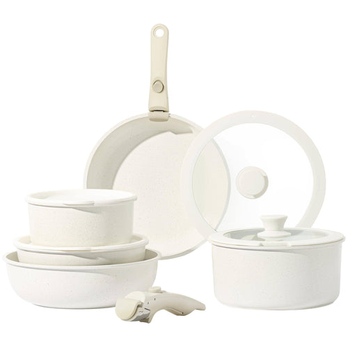 Carote 11pcs Pots and Pans Set, Nonstick Cookware Sets Detachable Handle, Induction RV Kitchen Set Removable Handle, Oven Safe, Cream White