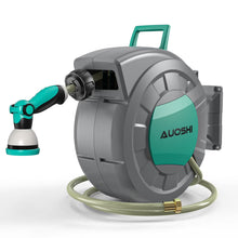 Load image into Gallery viewer, AUOSHI Retractable Garden Hose Reel 1/2" 100ft Automatic Hose Reel with 10 Function Sprayer Nozzle Wall Mount 180 Deg Swivel Bracket Hose Reel