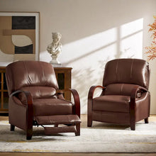 Load image into Gallery viewer, Set of 2 Alex Mid - Century Modern Genuine Leather Manual Recliners with Curved Wooden Arms