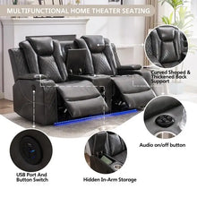 Load image into Gallery viewer, Black Power Reclining Sofa with Wireless Charger, Reading Light, Faux Leather, LED Lighting, AC/USB Ports, and Cup Holder for Living Room
