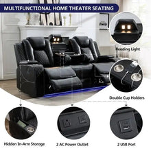 Load image into Gallery viewer, Black Power Reclining Sofa with Wireless Charger, Reading Light, Faux Leather, LED Lighting, AC/USB Ports, and Cup Holder for Living Room