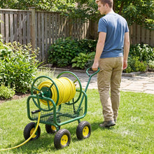 Load image into Gallery viewer, Portable Garden Hose Reel Cart Holds 300FT of 5/8" Large Capacity, Heavy - Duty Metal Hose Cart with 4 Wheels &amp; Storage Basket for Lawn Yard