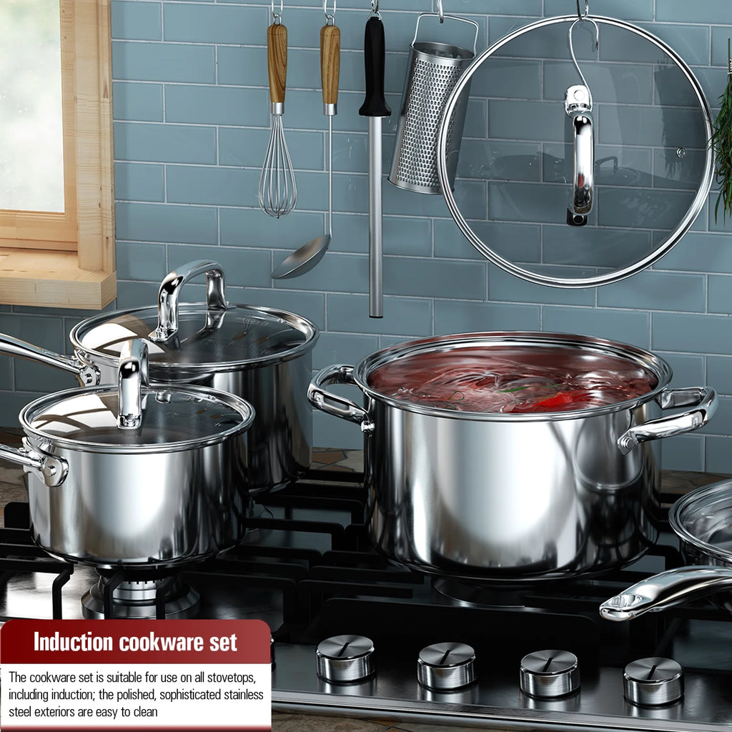 Cook N Home Pots and Pans Stainless Steel, 8-Piece Induction Pot Kitchen Cookware Set, Silver, Oven Safe