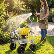 Load image into Gallery viewer, Portable Garden Hose Reel Cart Holds 300FT of 5/8" Large Capacity, Heavy - Duty Metal Hose Cart with 4 Wheels &amp; Storage Basket for Lawn Yard