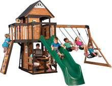 Load image into Gallery viewer, Backyard Discovery Canyon Creek Cedar Wood Swing Set with Wave Slide, Clubhouse, Play Kitchen, Picnic Area, Swings and Rock Wall