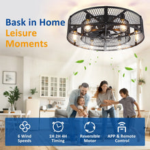 Load image into Gallery viewer, 26 - Inch Farmhouse Caged Ceiling Fan with Light, Remote &amp; APP Control Quiet DC Motor E26 Bulbs Included Black