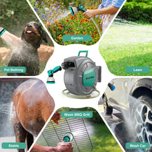 Load image into Gallery viewer, AUOSHI Retractable Garden Hose Reel 1/2" 100ft Automatic Hose Reel with 10 Function Sprayer Nozzle Wall Mount 180 Deg Swivel Bracket Hose Reel
