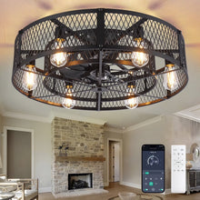 Load image into Gallery viewer, 26 - Inch Farmhouse Caged Ceiling Fan with Light, Remote &amp; APP Control Quiet DC Motor E26 Bulbs Included Black