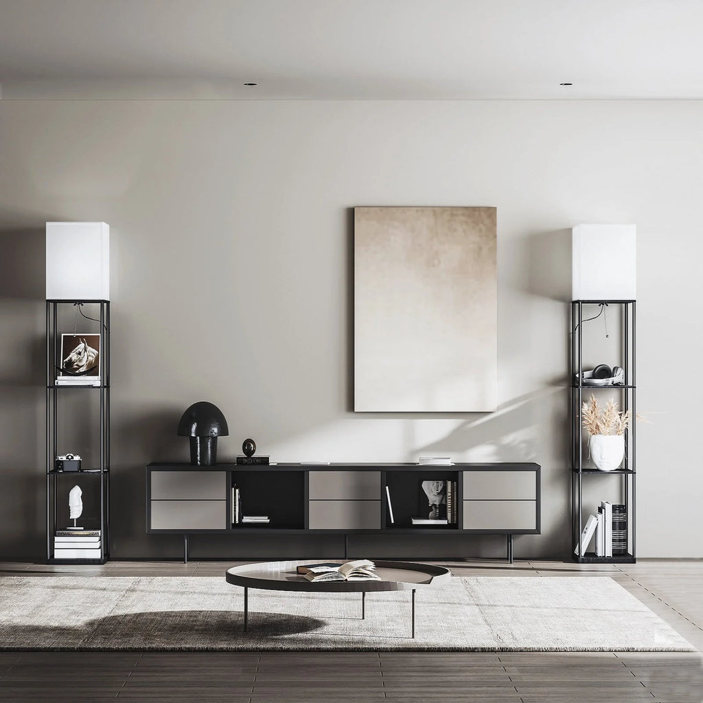 Modern Iron Shelf Floor Lamp with 3 Way Dimmable LED Bulb, Shelves and White Shade for Living Room and Bedroom(Black)