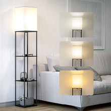 Load image into Gallery viewer, Modern Iron Shelf Floor Lamp with 3 Way Dimmable LED Bulb, Shelves and White Shade for Living Room and Bedroom(Black)