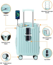 Load image into Gallery viewer, 20 in Carry on Luggage with Cup Holder &amp; USB Port, Airline Approved TSA - Locked Luggage, Lightweight PC Material Travel Suitcase