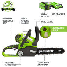 Load image into Gallery viewer, Greenworks 40V 12" Cordless Chainsaw with 2.0 Ah Battery &amp; Charger, 20262