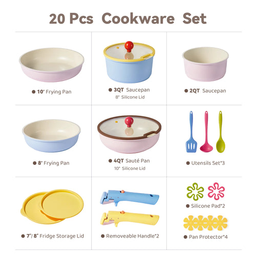 Carote 20 Pcs Ceramic Nonstick Cookware Set, Pots and Pans Set with Detachable Handles, Oven/Dishwasher Safe, Stackable Kitchen Cooking Set, Colorful