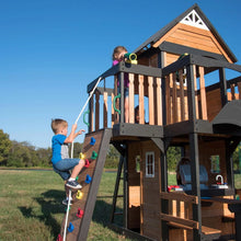 Load image into Gallery viewer, Backyard Discovery Canyon Creek Cedar Wood Swing Set with Wave Slide, Clubhouse, Play Kitchen, Picnic Area, Swings and Rock Wall