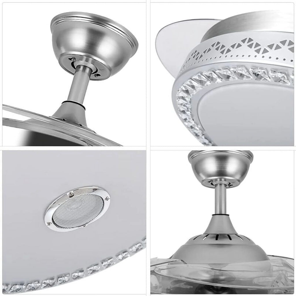 42"invisible Chandelier Ceiling Fan with Light and Bluetooth Speaker, Modern 3 Color Change Crystal Ceiling Fan Light