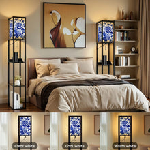 Load image into Gallery viewer, Floor Lamp with Shelves, Modern Dimmable Standing Lamp Floral Corner Display Bookshelf Lamp with 2 USB &amp; 1 Power Outlet for Living Room &amp; Bedroom